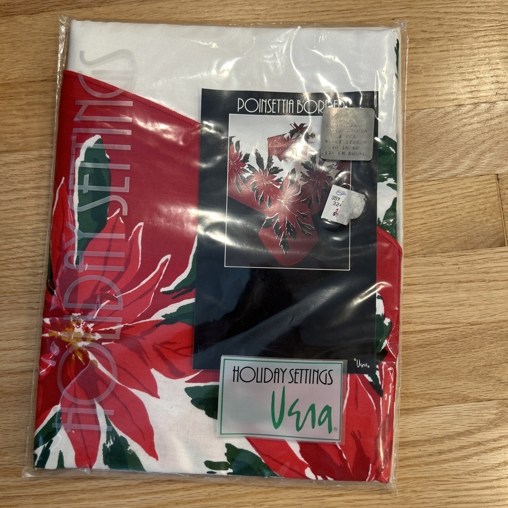 VTG Vera Neumann Christmas Tablecloth 70 Round Poinsettia Bordered New Sealed